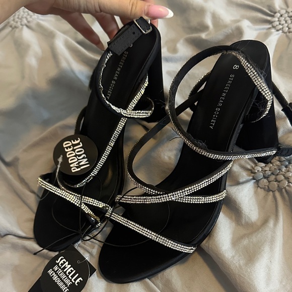 Streetwear Society Shoes - Streetwear Society Black and Silver Strappy Heels